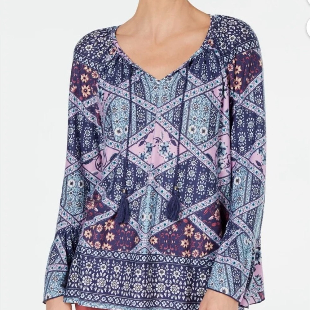 NWT Style & Co Printed Tassel Tie Ruffle Cuff Top Floral Blouse Medium